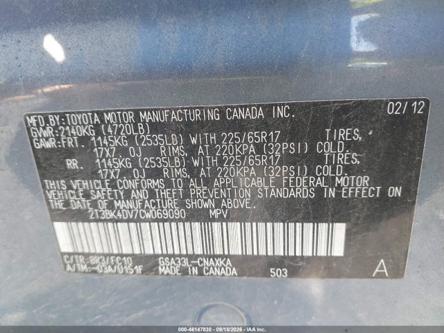 2012 Toyota Rav4 Base V6 მანქანა იყიდება აუქციონზე, vin: 2T3BK4DV7CW069090, აუქციონის ნომერი: 46147830