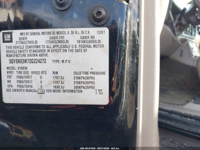 2002 Cadillac Escalade Ext Standard მანქანა იყიდება აუქციონზე, vin: 3GYEK63N72G224272, აუქციონის ნომერი: 46147839