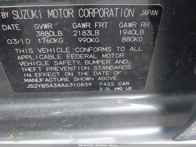 2010 Suzuki Sx4 Technology მანქანა იყიდება აუქციონზე, vin: JS2YB5A38A6310839, აუქციონის ნომერი: 46147842