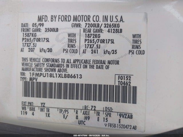 46147844 :رقم المزاد ، 1FMPU18L1XLB86613 vin ، 1999 Ford Expedition Eddie Bauer/xlt مزاد بيع