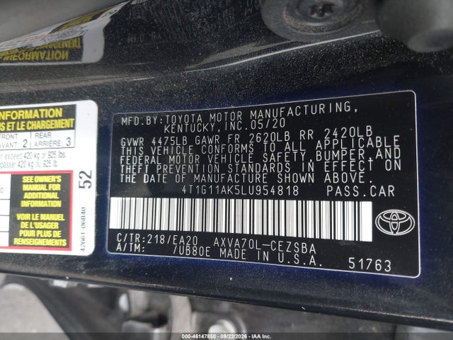 Toyota CAMRY SE 2020 4T1G11AK5LU954818 Image 9