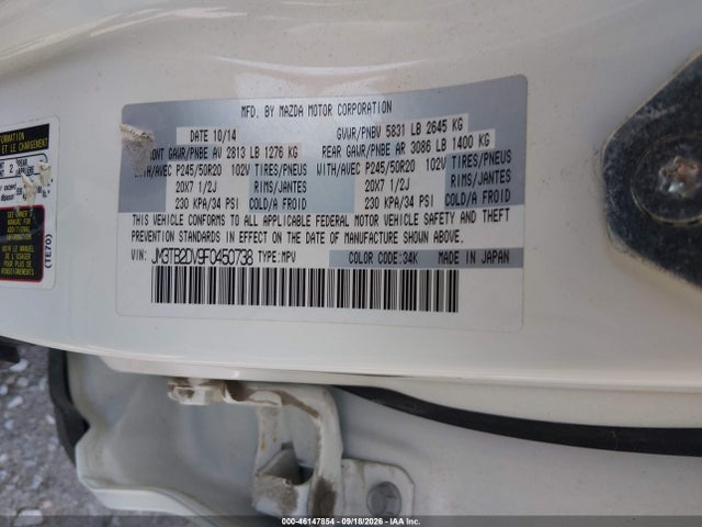 Aukcja sprzedaży 2015 Mazda Cx-9 Grand Touring, vin: JM3TB2DV9F0450738, numer aukcji: 46147854
