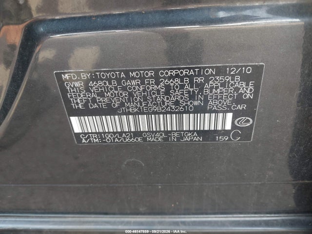 Auction sale of the 2011 Lexus Es 350, vin: JTHBK1EG9B2432610, lot number: 46147859