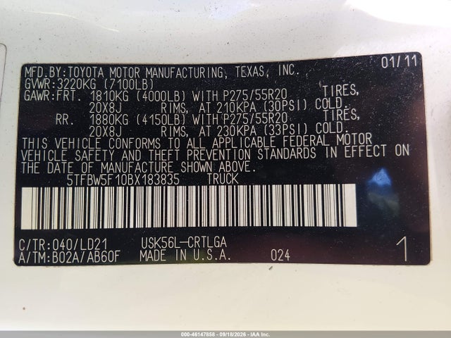 46147858 :رقم المزاد ، 5TFBW5F10BX183835 vin ، 2011 Toyota Tundra Limited 5.7l V8 مزاد بيع