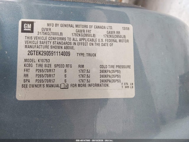 Aukcja sprzedaży 2009 Gmc Sierra 1500 Sle, vin: 2GTEK290591114009, numer aukcji: 46147860