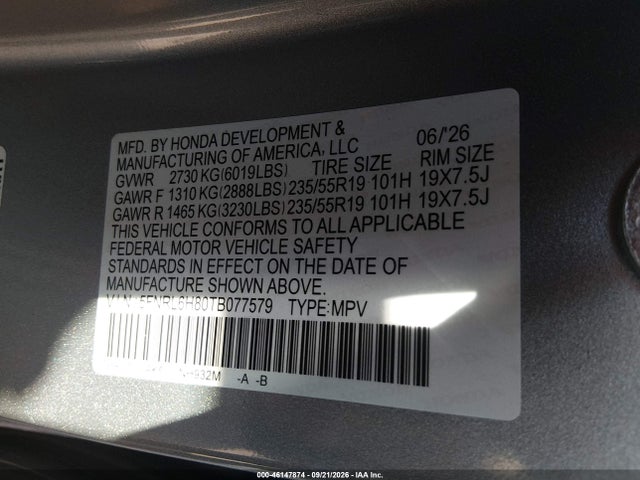2026 Honda Odyssey Touring მანქანა იყიდება აუქციონზე, vin: 5FNRL6H80TB077579, აუქციონის ნომერი: 46147874