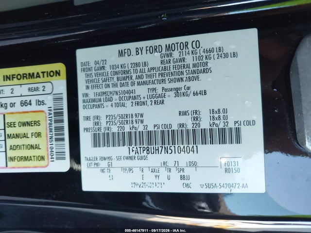 2022 Ford Mustang Ecoboost Premium მანქანა იყიდება აუქციონზე, vin: 1FATP8UH7N5104041, აუქციონის ნომერი: 46147911