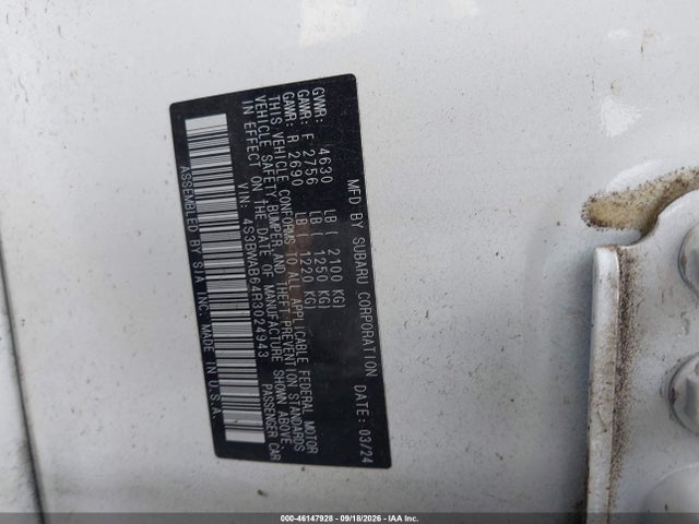 2024 Subaru Legacy მანქანა იყიდება აუქციონზე, vin: 4S3BWAB64R3024943, აუქციონის ნომერი: 46147928