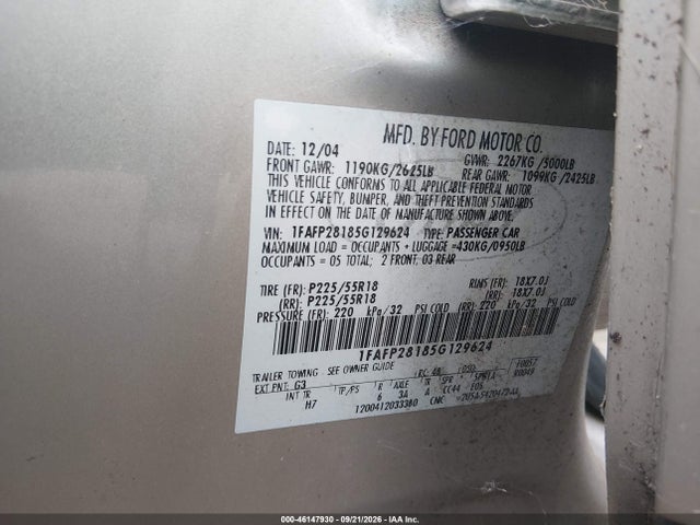 Aukcja sprzedaży 2005 Ford Five Hundred Limited, vin: 1FAFP28185G129624, numer aukcji: 46147930