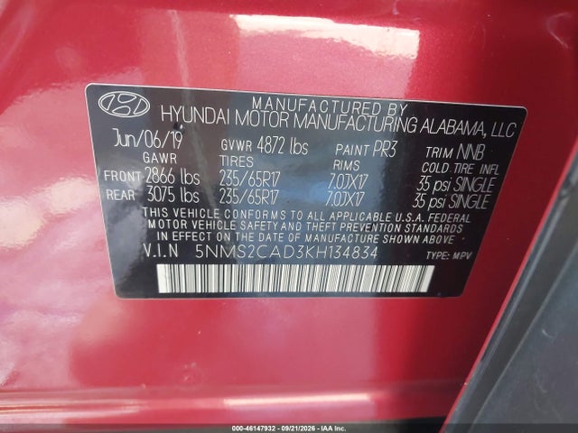 46147932 :رقم المزاد ، 5NMS2CAD3KH134834 vin ، 2019 Hyundai Santa Fe Se مزاد بيع
