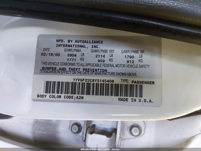 46147938 :رقم المزاد ، 1YVGF22C8Y5145408 vin ، 2000 Mazda 626 Es/lx مزاد بيع
