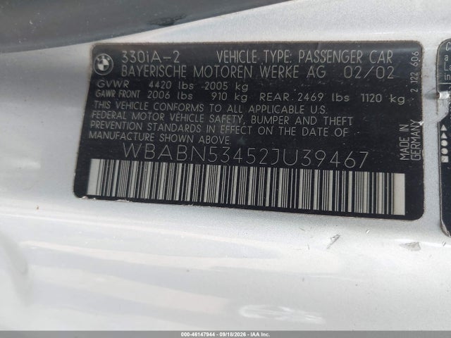 46147944 :رقم المزاد ، WBABN53452JU39467 vin ، 2002 Bmw 330ci مزاد بيع