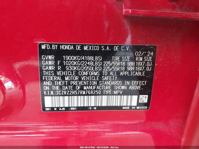 Aukcja sprzedaży 2024 Honda Hr-v Awd Sport/awd Sport W/o Bsi, vin: 3CZRZ2H57RM768250, numer aukcji: 46147949