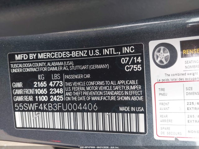 Продажа на аукционе авто 2015 Mercedes-benz C 300 Sport 4matic, vin: 55SWF4KB3FU004406, номер лота: 46147959