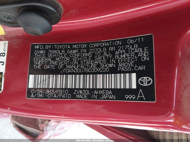 Aukcja sprzedaży 2011 Toyota Prius Two, vin: JTDKN3DU7B0309220, numer aukcji: 46147962