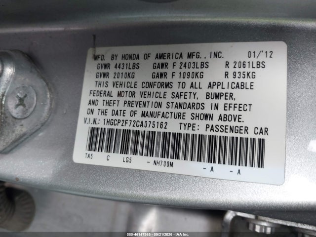 Продажа на аукционе авто 2012 Honda Accord 2.4 Ex, vin: 1HGCP2F72CA075162, номер лота: 46147965