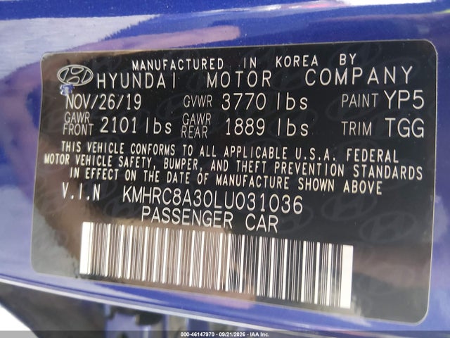 2020 Hyundai Venue Sel მანქანა იყიდება აუქციონზე, vin: KMHRC8A30LU031036, აუქციონის ნომერი: 46147970
