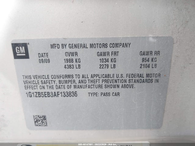 Aukcja sprzedaży 2010 Chevrolet Malibu Ls, vin: 1G1ZB5EB3AF133836, numer aukcji: 46147981