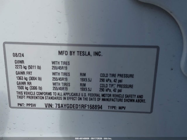 Продаж на аукціоні авто 2024 Tesla Model Y Long Range Single Motor Rear-wheel Drive/rwd, vin: 7SAYGDED1RF168894, номер лоту: 46148009