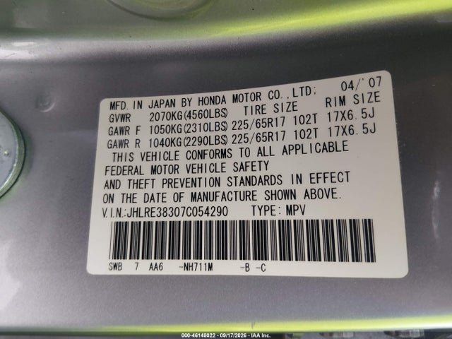 Aukcja sprzedaży 2007 Honda Cr-v Lx, vin: JHLRE38307C054290, numer aukcji: 46148022