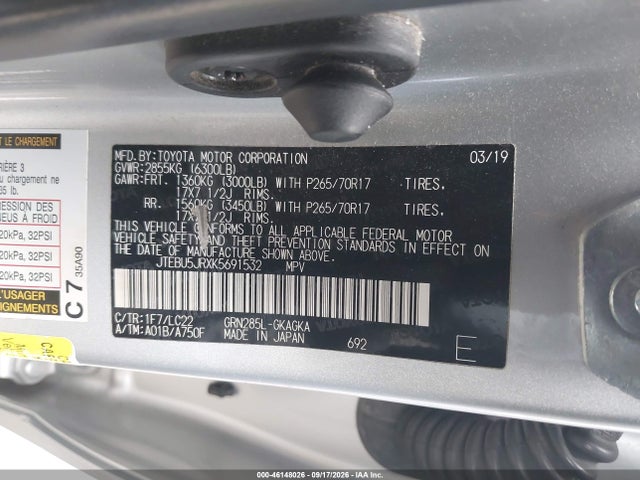 46148026 :رقم المزاد ، JTEBU5JRXK5691532 vin ، 2019 Toyota 4runner Trd Off Road Premium مزاد بيع