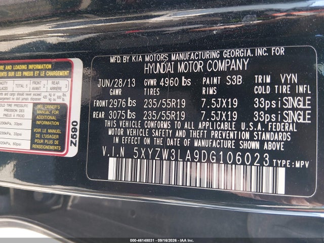 2013 Hyundai Santa Fe Sport 2.0t მანქანა იყიდება აუქციონზე, vin: 5XYZW3LA9DG106023, აუქციონის ნომერი: 46148031