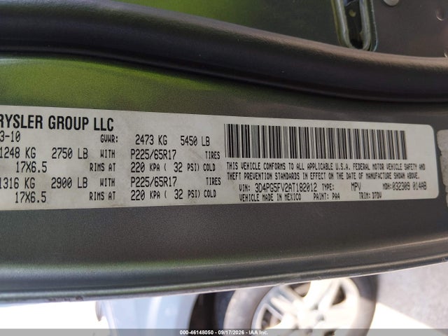 46148050 :رقم المزاد ، 3D4PG5FV2AT182012 vin ، 2010 Dodge Journey Sxt مزاد بيع