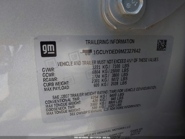Aukcja sprzedaży 2021 Chevrolet Silverado 1500 Lt, vin: 1GCUYDED9MZ327642, numer aukcji: 46148058
