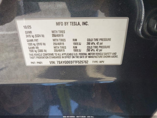 2026 Tesla Model Y Premium Rear-wheel Drive/rear-wheel Drive მანქანა იყიდება აუქციონზე, vin: 7SAYGDED7TF525762, აუქციონის ნომერი: 46148064
