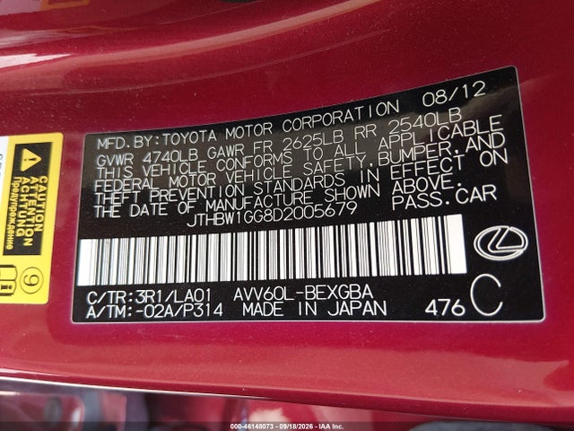 Продажа на аукционе авто 2013 Lexus Es 300h, vin: JTHBW1GG8D2005679, номер лота: 46148073