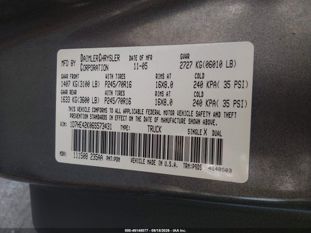 Aukcja sprzedaży 2006 Dodge Dakota Slt, vin: 1D7HE42K06S573431, numer aukcji: 46148077