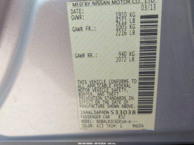Продаж на аукціоні авто 2013 Nissan Altima 2.5/2.5 S/2.5 Sl/2.5 Sv, vin: 1N4AL3AP4DN533038, номер лоту: 46148089