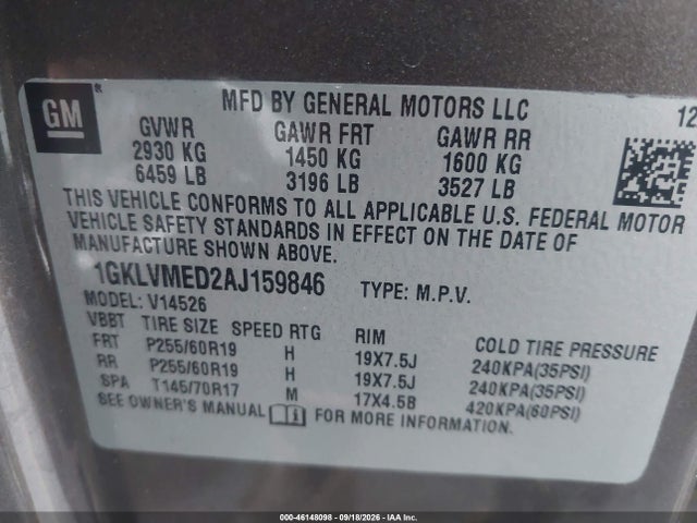 Aukcja sprzedaży 2010 Gmc Acadia Slt-1, vin: 1GKLVMED2AJ159846, numer aukcji: 46148098