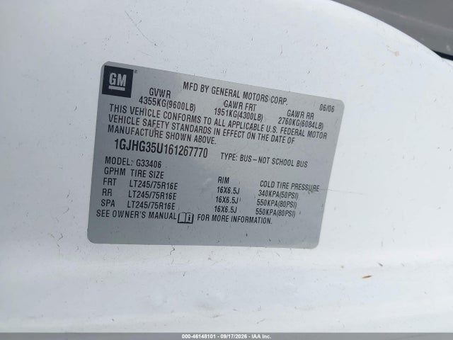 46148101 :رقم المزاد ، 1GJHG35U161267770 vin ، 2006 Gmc Savana Ls مزاد بيع