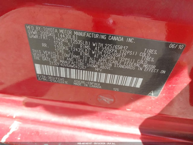 Aukcja sprzedaży 2010 Toyota Rav4, vin: 2T3ZF4DV6AW042267, numer aukcji: 46148107