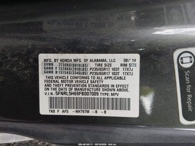 2015 Honda Odyssey Ex-l მანქანა იყიდება აუქციონზე, vin: 5FNRL5H69FB007009, აუქციონის ნომერი: 46148111