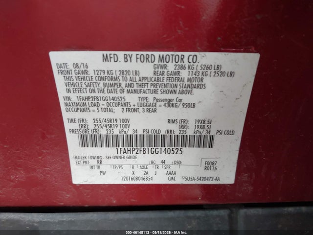 2016 Ford Taurus Limited მანქანა იყიდება აუქციონზე, vin: 1FAHP2F81GG140525, აუქციონის ნომერი: 46148113