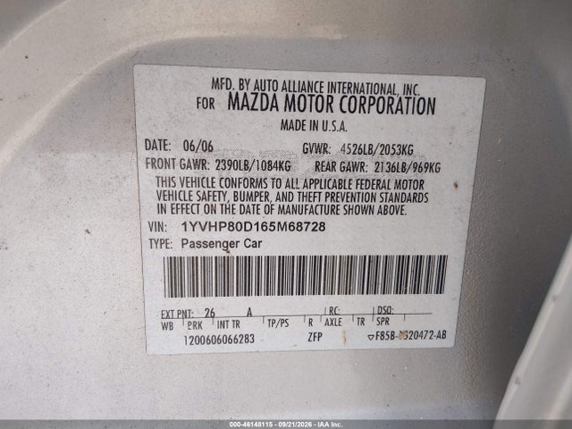 Продажа на аукционе авто 2006 Mazda Mazda6 S, vin: 1YVHP80D165M68728, номер лота: 46148115
