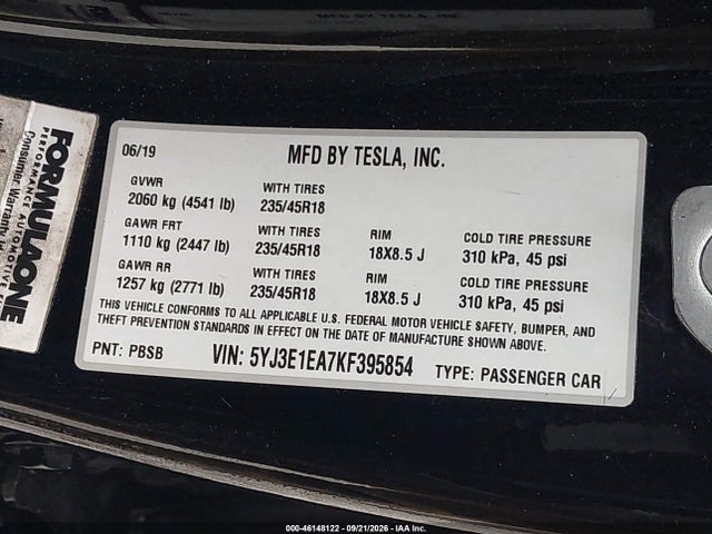 Продаж на аукціоні авто 2019 Tesla Model 3 Long Range/mid Range/standard Range/standard Range Plus, vin: 5YJ3E1EA7KF395854, номер лоту: 46148122