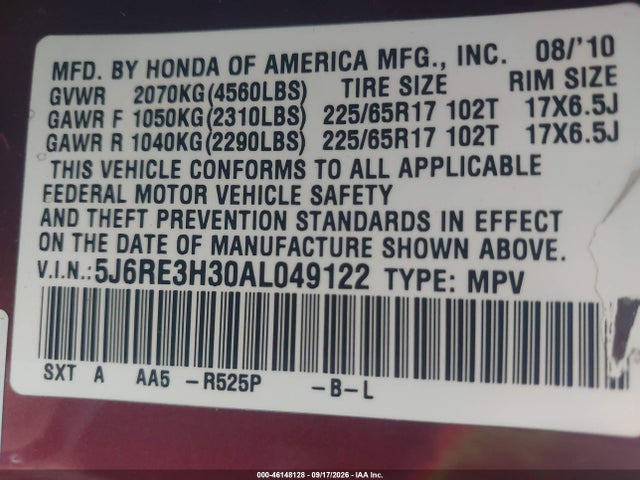 Auction sale of the 2010 Honda Cr-v Lx, vin: 5J6RE3H30AL049122, lot number: 46148128