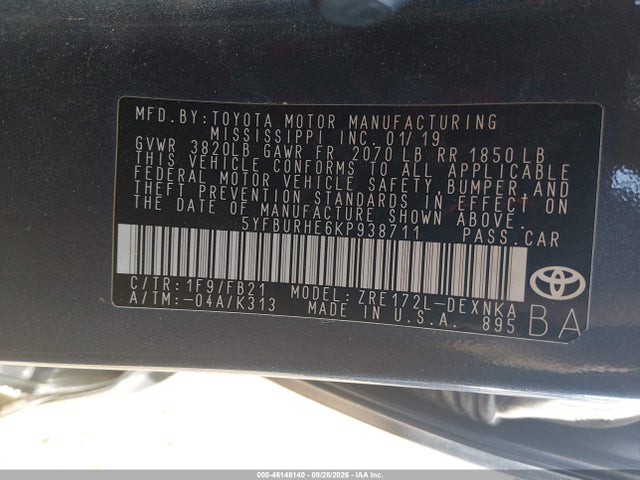 46148140 :رقم المزاد ، 5YFBURHE6KP938711 vin ، 2019 Toyota Corolla Le مزاد بيع