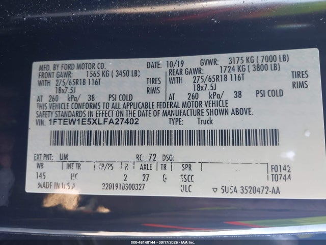 Продажа на аукционе авто 2020 Ford F-150 Lariat, vin: 1FTEW1E5XLFA27402, номер лота: 46148144