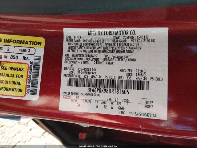 Auction sale of the 2013 Ford Fusion Titanium, vin: 3FA6P0K98DR181605, lot number: 46148145