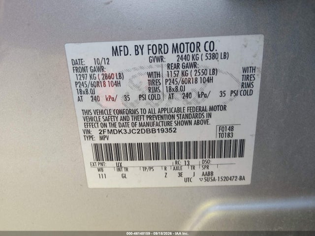 Продажа на аукционе авто 2013 Ford Edge Sel, vin: 2FMDK3JC2DBB19352, номер лота: 46148159