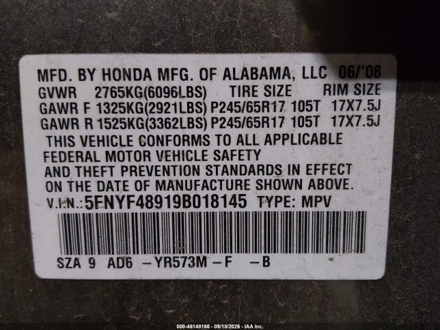 Aukcja sprzedaży 2009 Honda Pilot Touring, vin: 5FNYF48919B018145, numer aukcji: 46148166