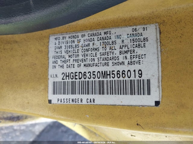 Продажа на аукционе авто 1991 Honda Civic Dx, vin: 2HGED6350MH566019, номер лота: 46148167