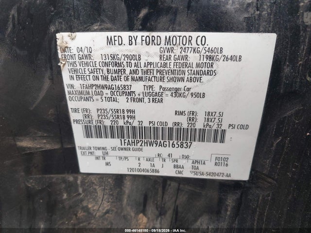 46148180 :رقم المزاد ، 1FAHP2HW9AG165837 vin ، 2010 Ford Taurus Sel مزاد بيع