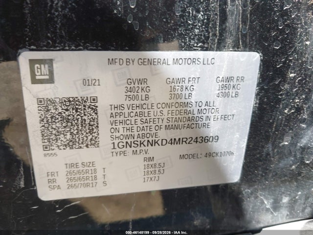 Продажа на аукционе авто 2021 Chevrolet Tahoe 4wd Lt, vin: 1GNSKNKD4MR243609, номер лота: 46148199