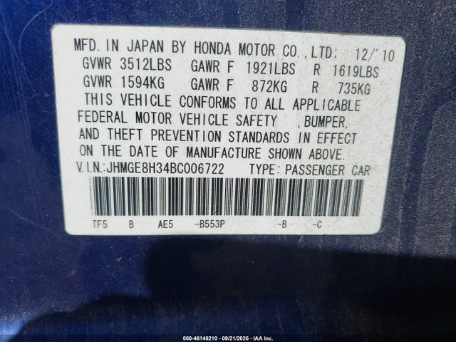 2011 Honda Fit მანქანა იყიდება აუქციონზე, vin: JHMGE8H34BC006722, აუქციონის ნომერი: 46148210