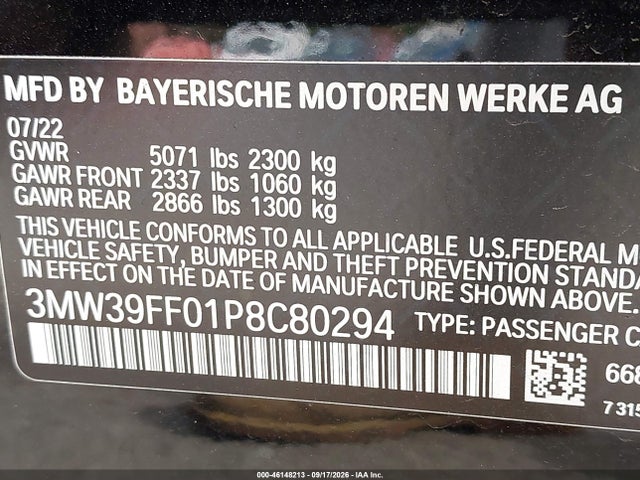 2023 Bmw 330e მანქანა იყიდება აუქციონზე, vin: 3MW39FF01P8C80294, აუქციონის ნომერი: 46148213